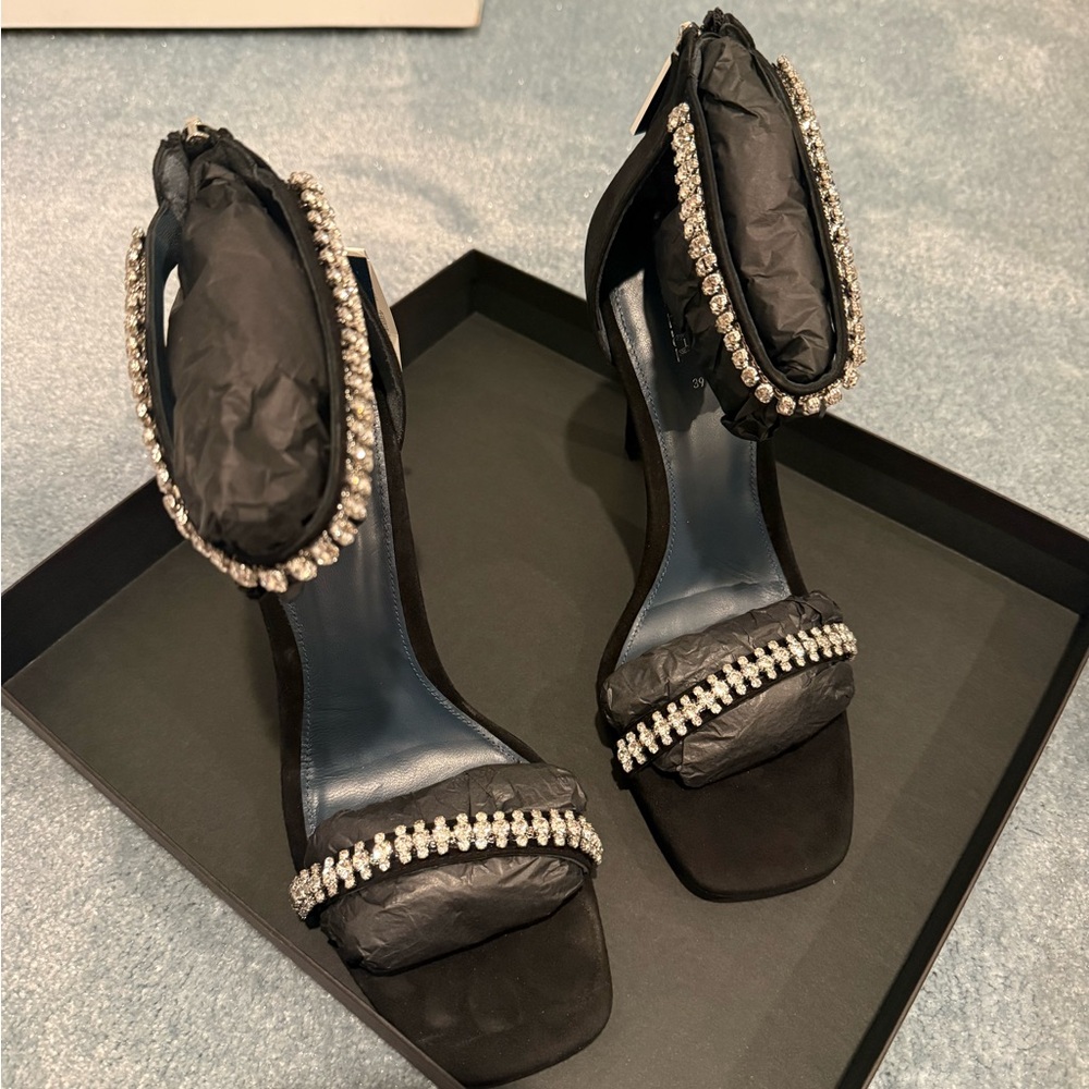 Zara Crystal Strap Black Suede Heels - Picture 5 of 11